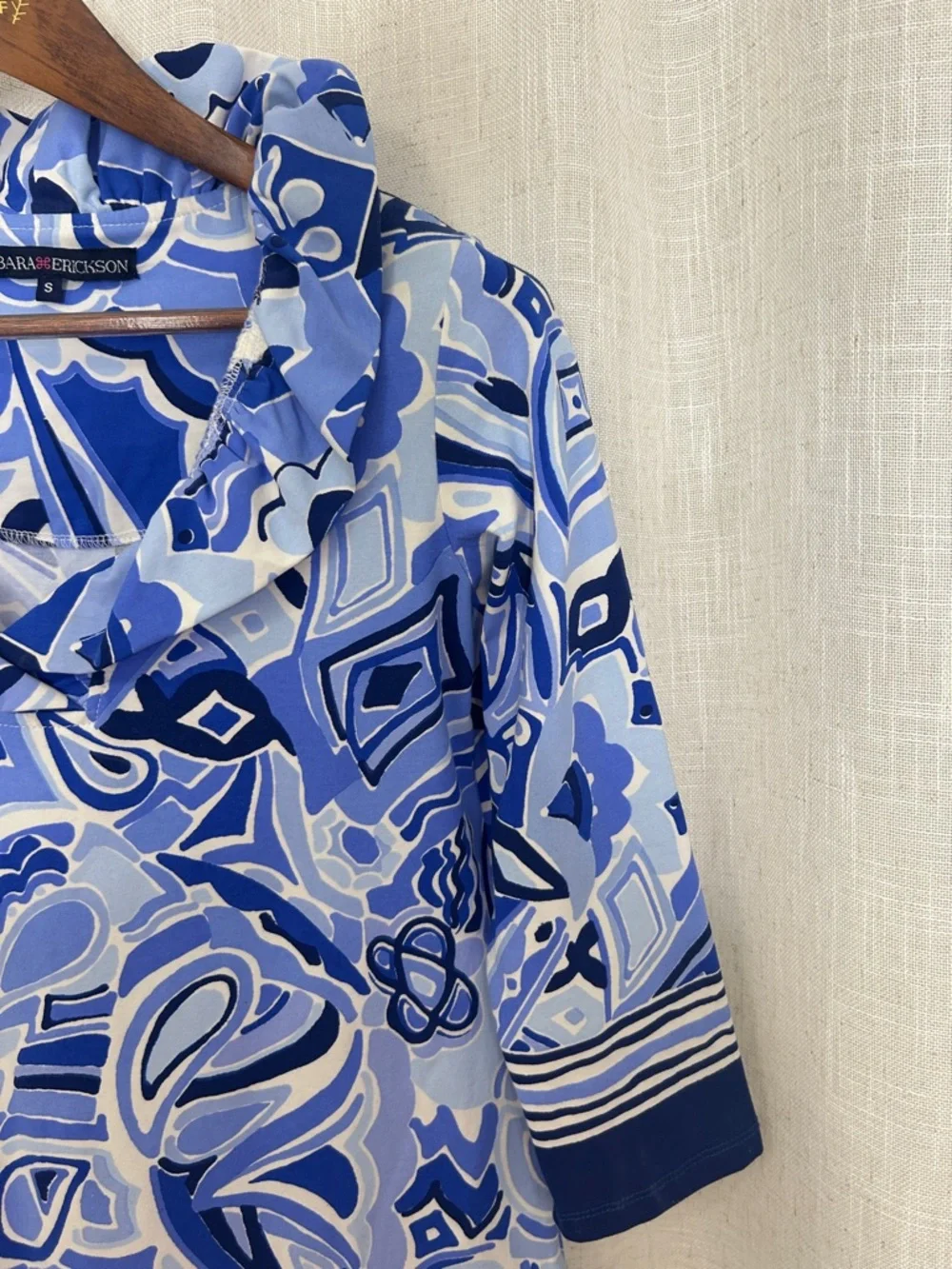 Barbara Erickson Blue Patterned Tunic Ruffle Neck Dress Size Small - Picture 5 of 11